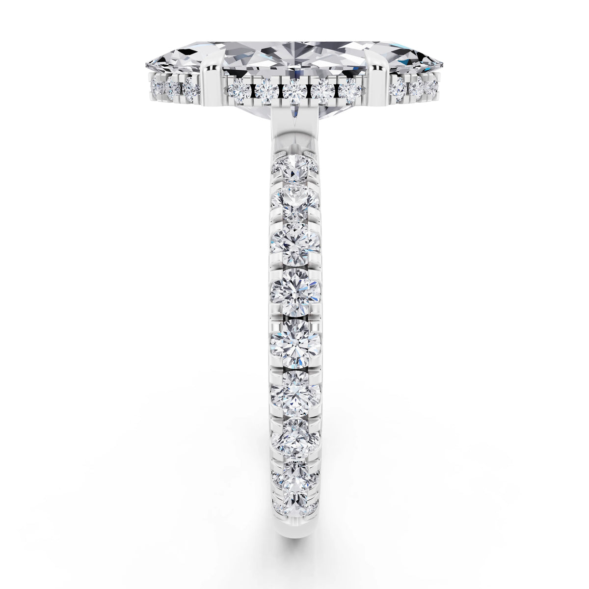 Platinum Marquise Cut Diamond Solitaire Ring with Hidden Halo and French Pave Band - side view