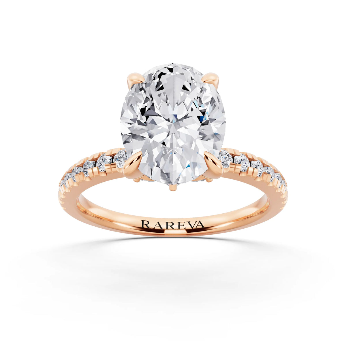 18 KT Rose Gold Oval Cut Diamond Solitaire Ring with Marquise Collar - front view