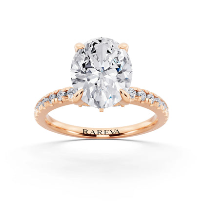 18 KT Rose Gold Oval Cut Diamond Solitaire Ring with Marquise Collar - front view