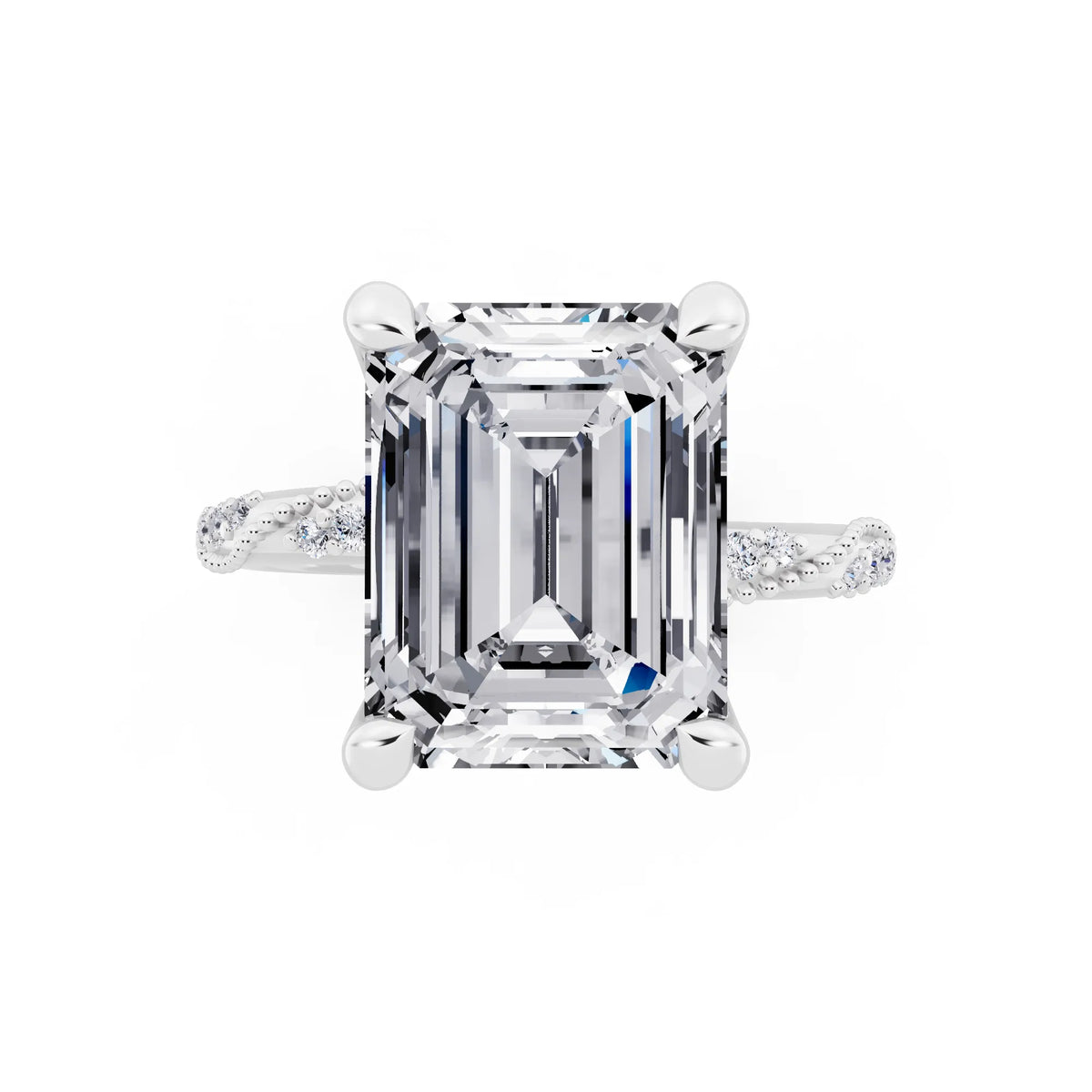 18 KT White Gold Emerald Cut Diamond Ring with Marquise Accent - top angle