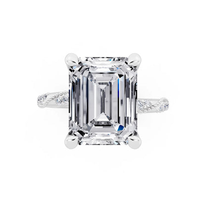 18 KT White Gold Emerald Cut Diamond Ring with Marquise Accent - top angle