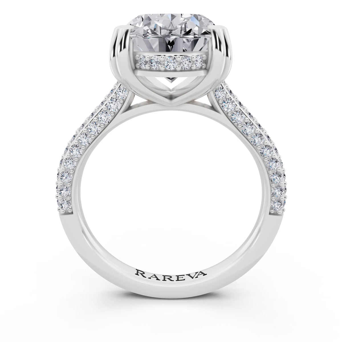 18 KT White Gold Oval Cut Diamond Hidden Halo Double Claw Pave Band Ring - through finger