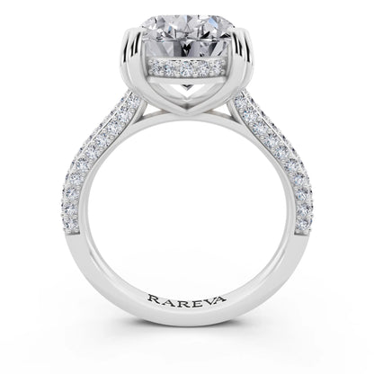 18 KT White Gold Oval Cut Diamond Hidden Halo Double Claw Pave Band Ring - through finger