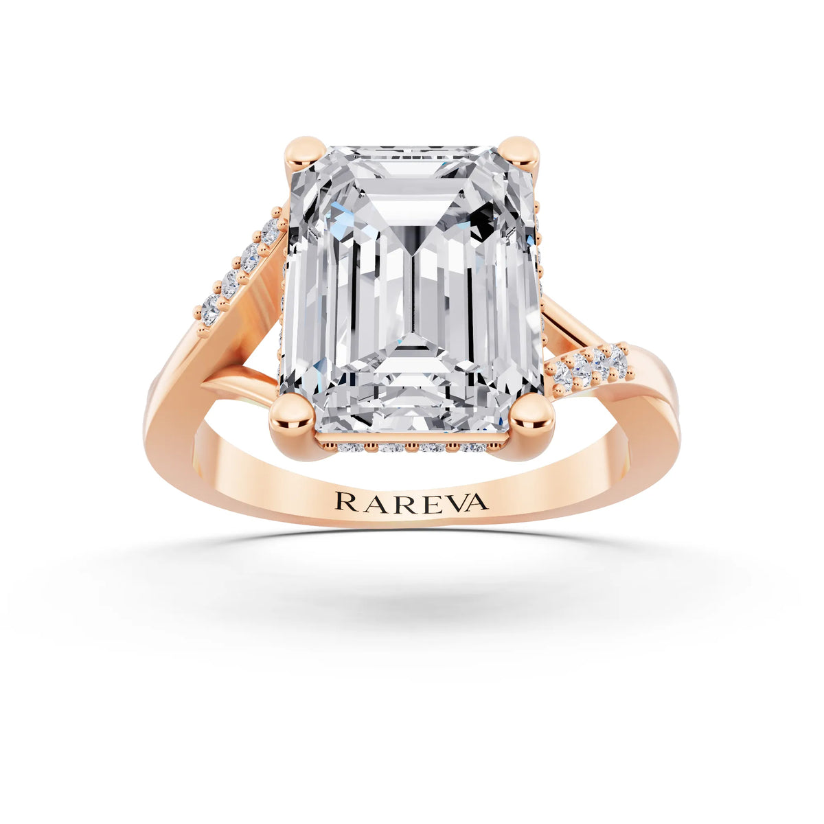 18 KT Rose Gold Emerald Cut Diamond Split Shank Engagement Ring with Hidden Halo - front view