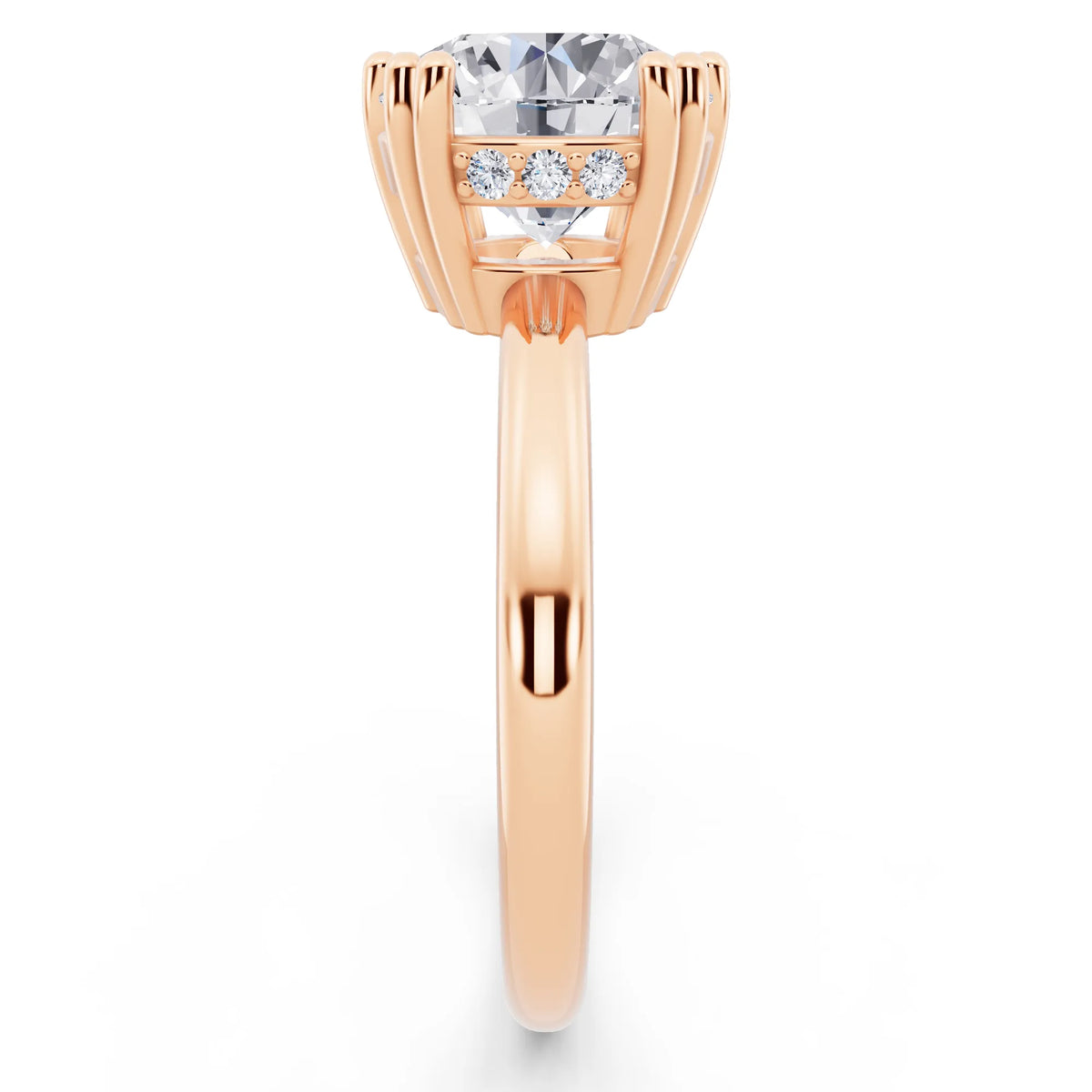 14 KT Rose Gold Round Cut Diamond Solitaire Ring with Hidden Accent Basket - side view