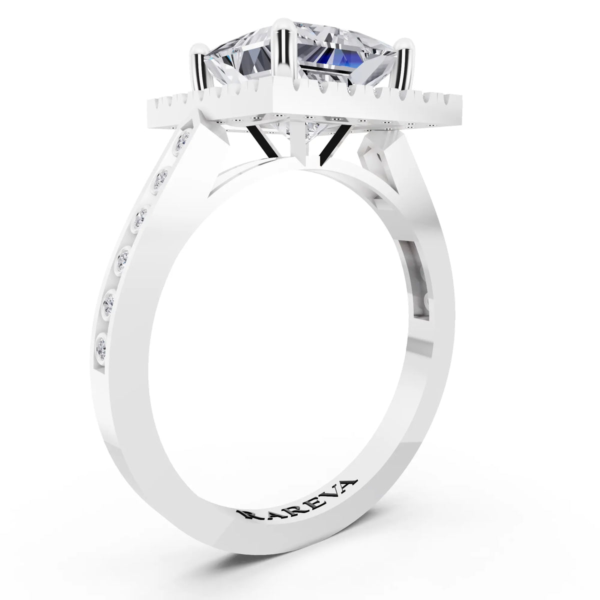 Platinum Princess Cut Diamond Halo Ring with Bezel Accent Band - top view