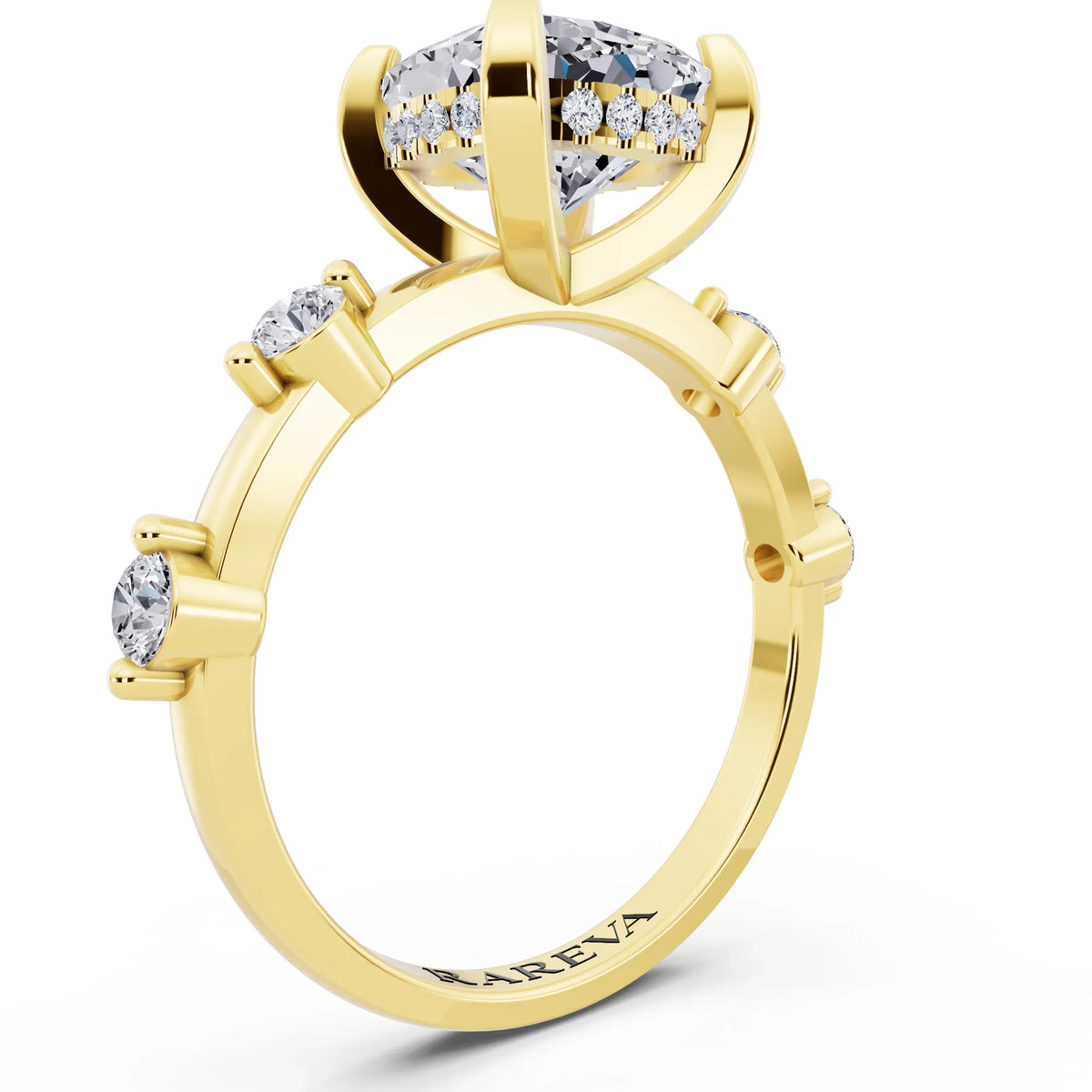 14 KT Yellow Gold Cushion Cut Diamond Solitaire Ring with Floating Diamond Accents - top view
