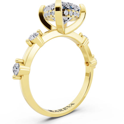 14 KT Yellow Gold Cushion Cut Diamond Solitaire Ring with Floating Diamond Accents - top view