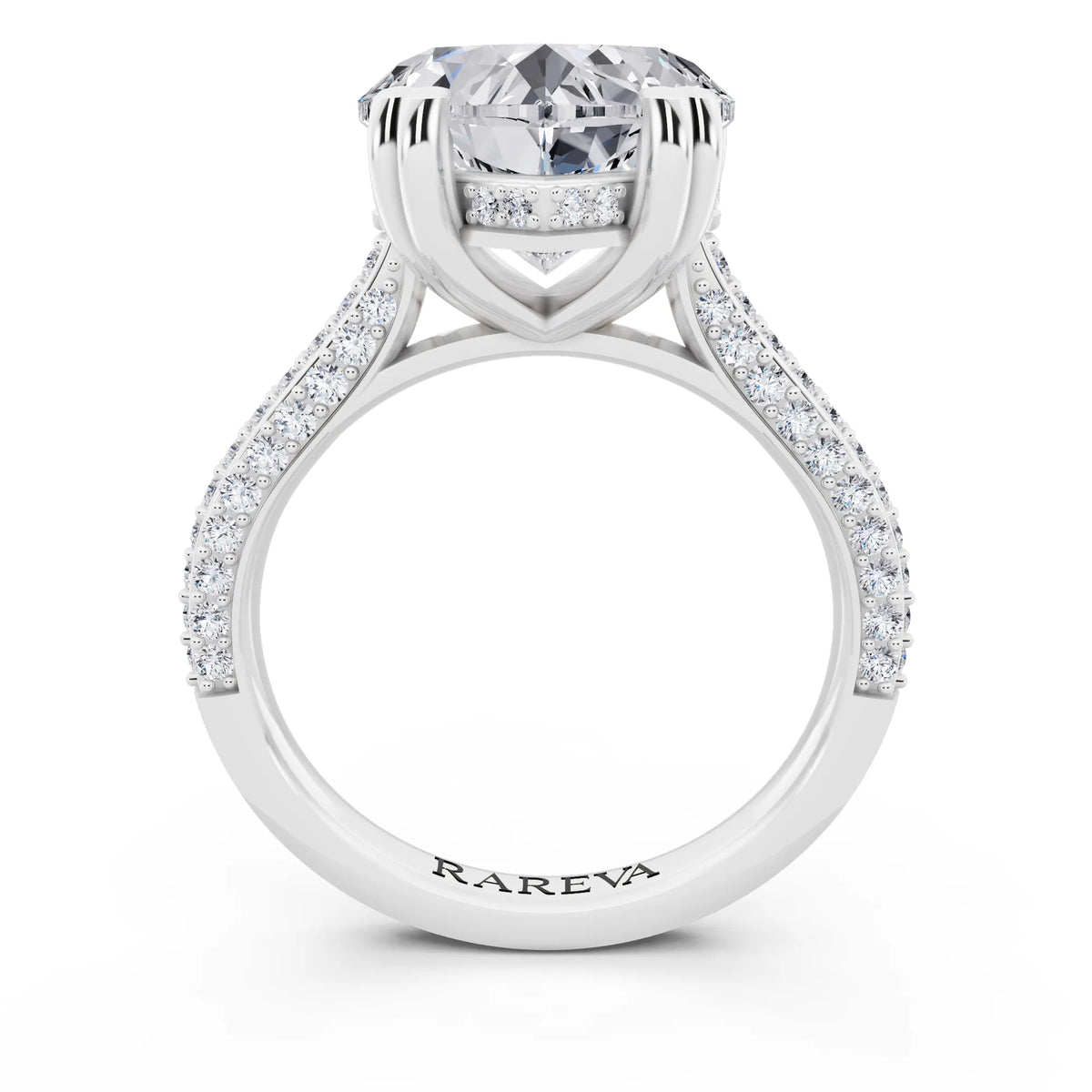 14 KT White Gold Heart Cut Diamond Hidden Halo Double Claw Pave Band Ring - through finger
