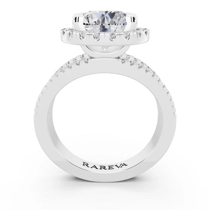 14 KT White Gold Round Cut Diamond Halo Ring with Pave Split Shank - through finger