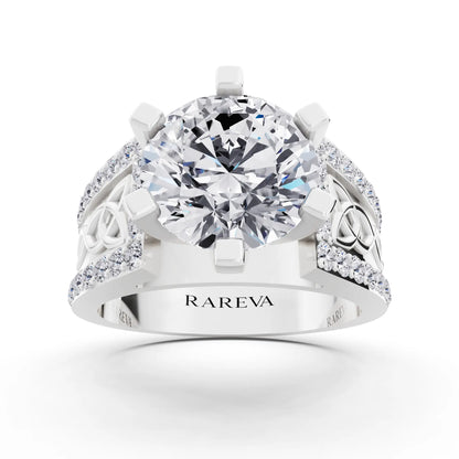 18 KT White Gold Round Cut Diamond Solitaire Ring with Celtic Knot Band - Front