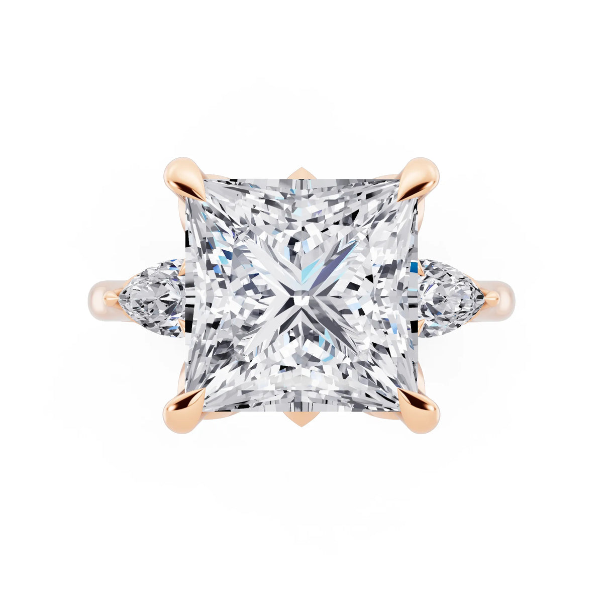 18 KT Rose Gold Princess Cut Diamond Cluster Engagement Ring with Pear Accents and Pavé Band - top angle