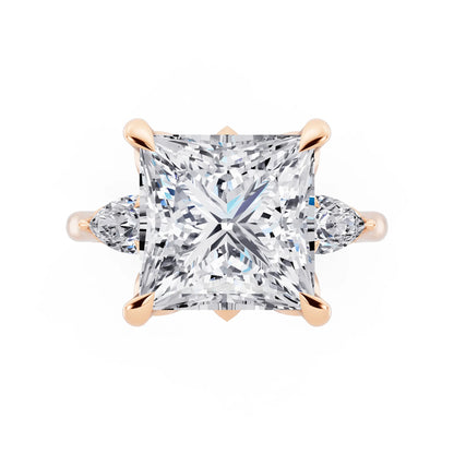 18 KT Rose Gold Princess Cut Diamond Cluster Engagement Ring with Pear Accents and Pavé Band - top angle