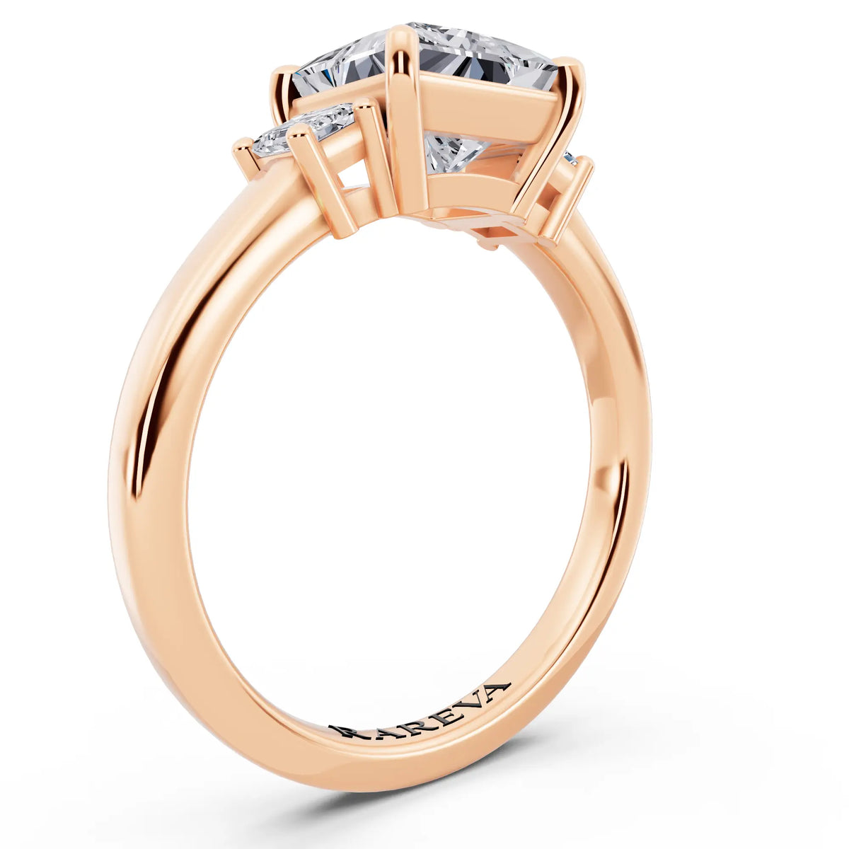 14 KT Rose Gold Princess Cut Diamond Three Stone Emerald Accent Ring - top view