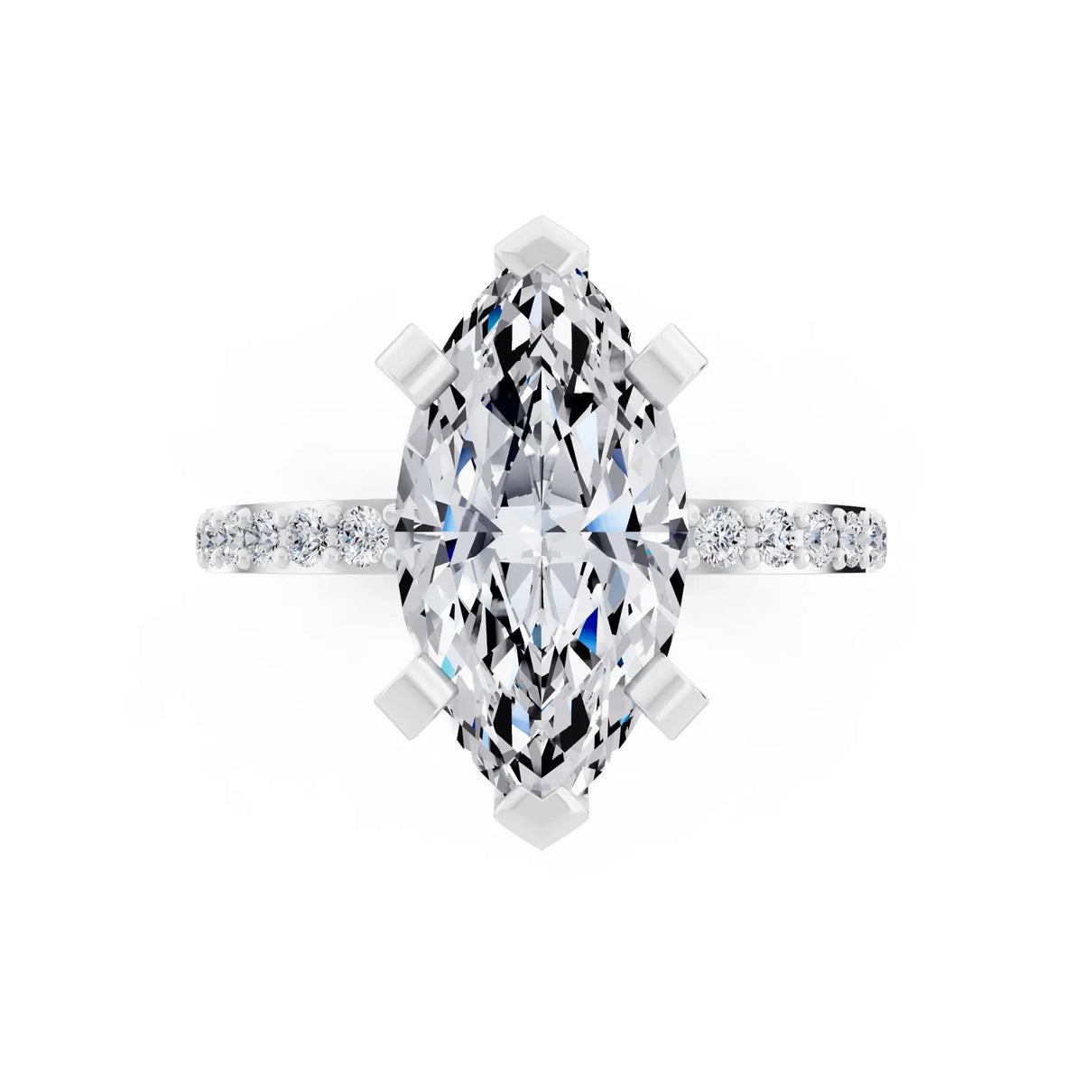14 KT White Gold Marquise Cut Diamond Solitaire Ring with Pave Shank - top angle