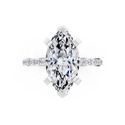 14 KT White Gold Marquise Cut Diamond Solitaire Ring with Pave Shank - top angle