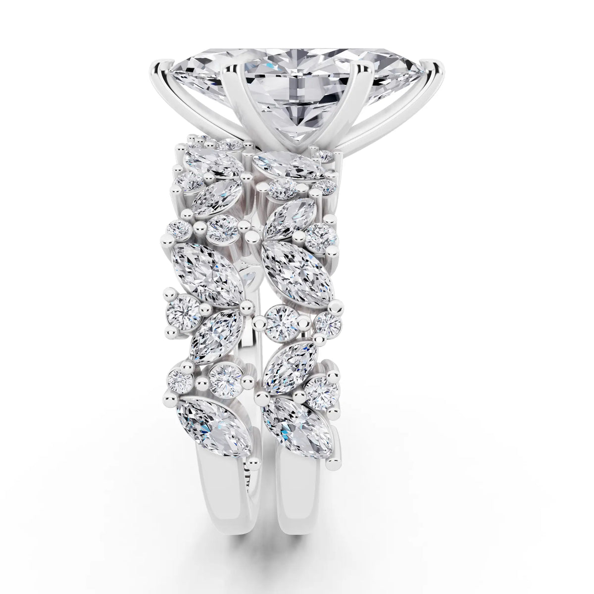 18 KT White Gold Marquise Cut Diamond Ring with Marquise Cluster Band - side view