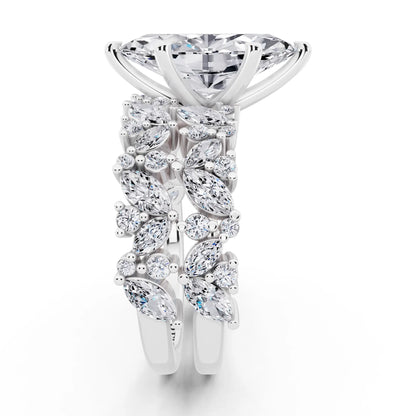 18 KT White Gold Marquise Cut Diamond Ring with Marquise Cluster Band - side view