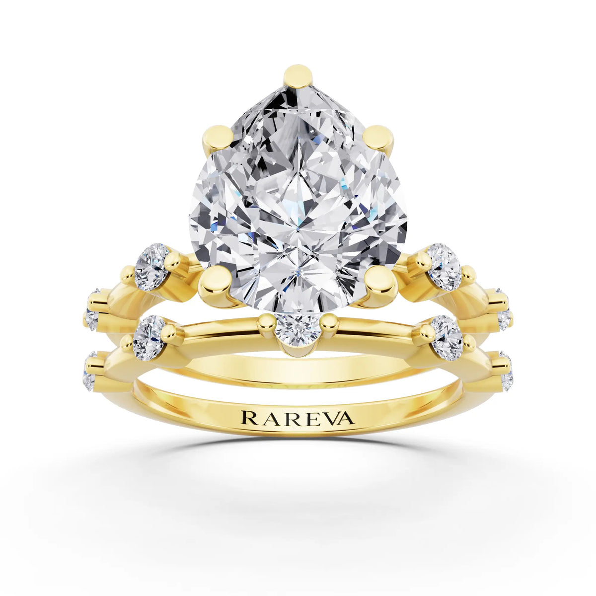 14 KT Yellow Gold Pear Cut Diamond Ring with Floating Accent Band - front view