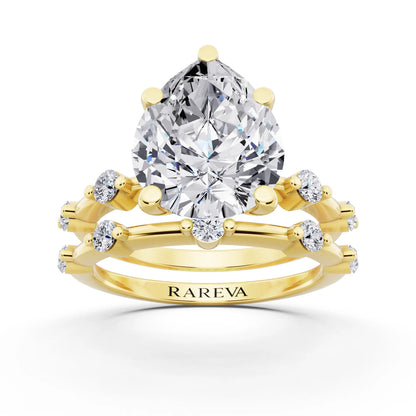 14 KT Yellow Gold Pear Cut Diamond Ring with Floating Accent Band - front view