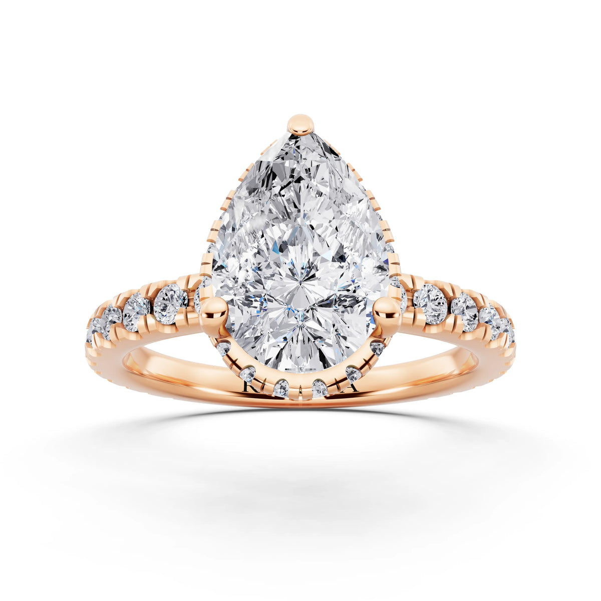 18 KT Rose Gold Pear Cut Diamond Hidden Halo Ring with Pave Band - front view