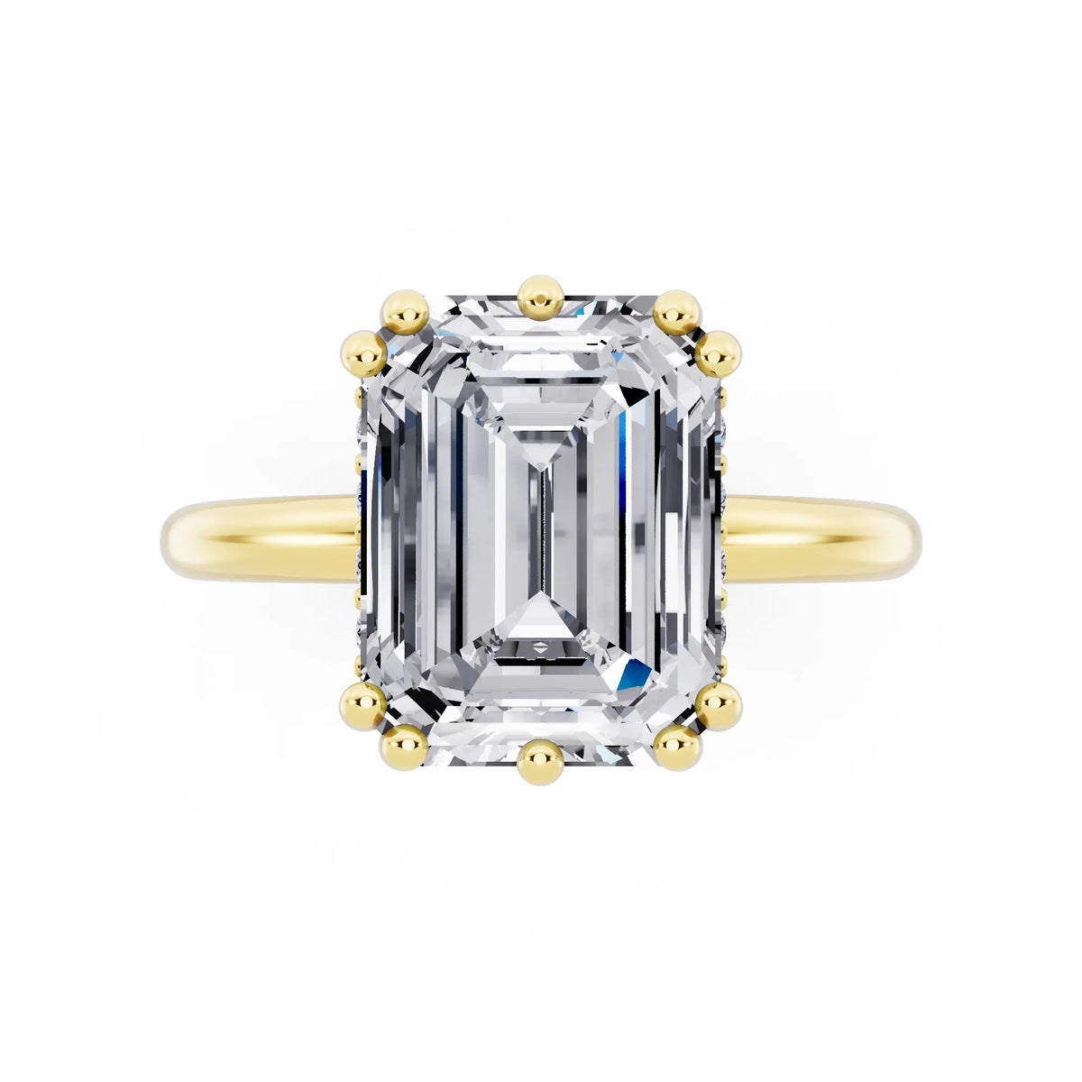 18 KT Yellow Gold Emerald Cut Diamond Solitaire Ring with Hidden Accent Basket - top angle