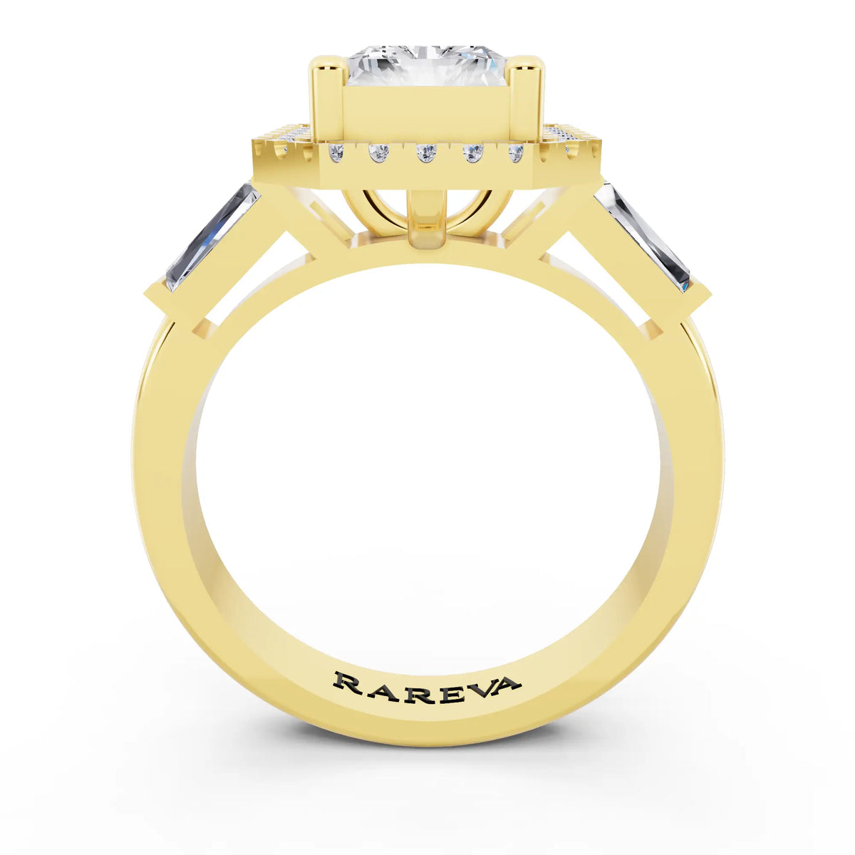 18 KT Yellow Gold Radiant Cut Diamond Halo Ring with Baguette Accents - through finger