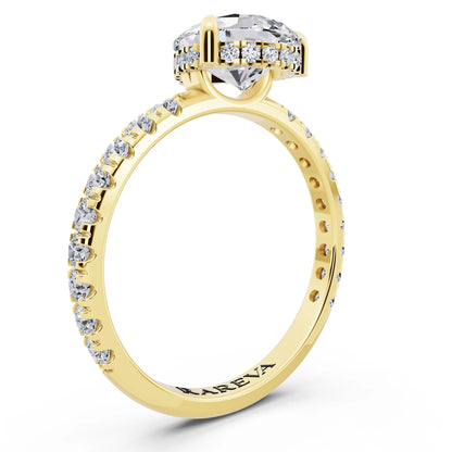 18 KT Yellow Gold Pear Cut Diamond Solitaire Ring with Hidden Halo and French Pave Band - top view