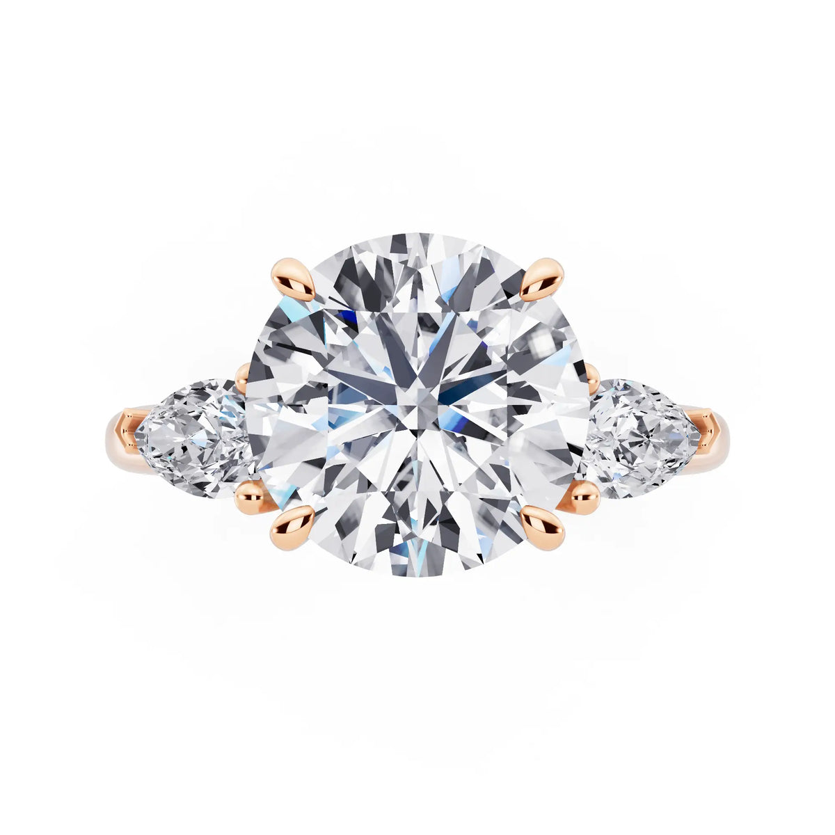 14 KT Rose Gold Round Cut Diamond Three Stone Pear Accent Ring - top angle
