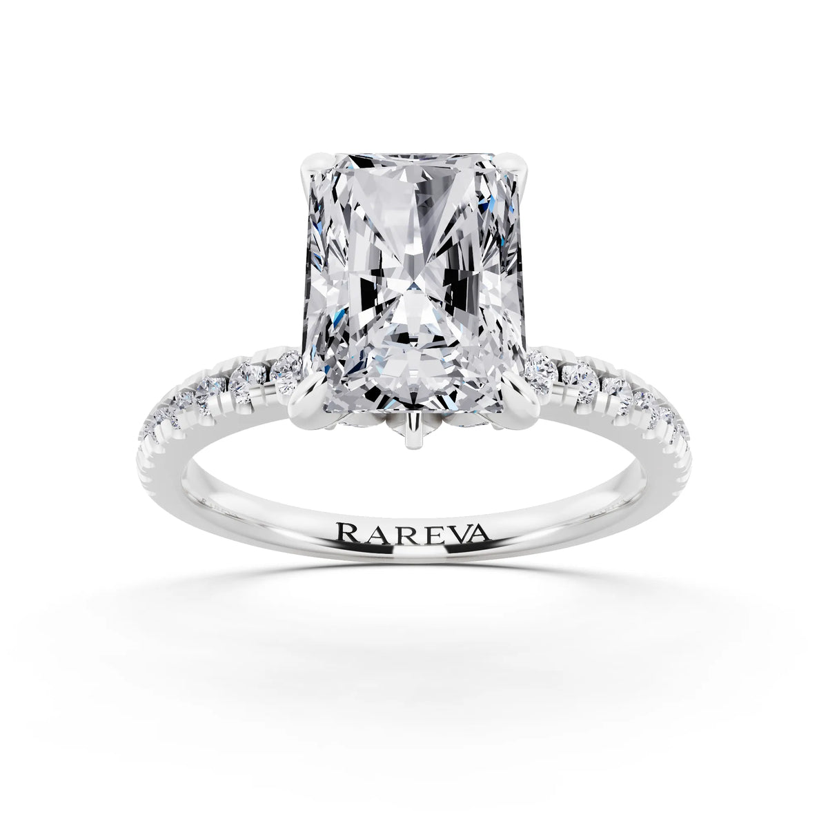 18 KT White Gold Radiant Cut Diamond Solitaire Ring with Marquise Collar - front view