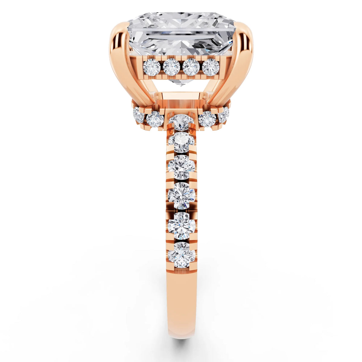 14 KT Rose Gold Princess Cut Diamond Hidden Halo Tiger Prong Pave Band Ring - side view