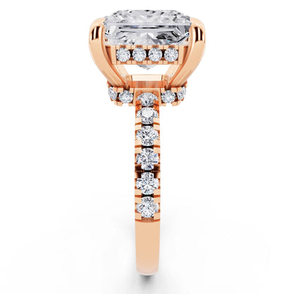 14 KT Rose Gold Princess Cut Diamond Hidden Halo Tiger Prong Pave Band Ring - side view
