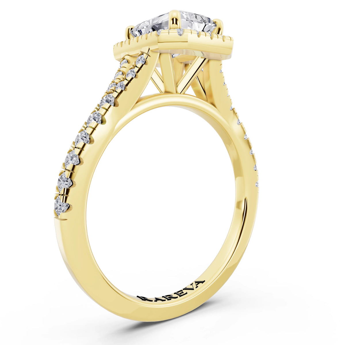 18 KT Yellow Gold Radiant Cut Diamond Halo Ring with Split Shank - top view