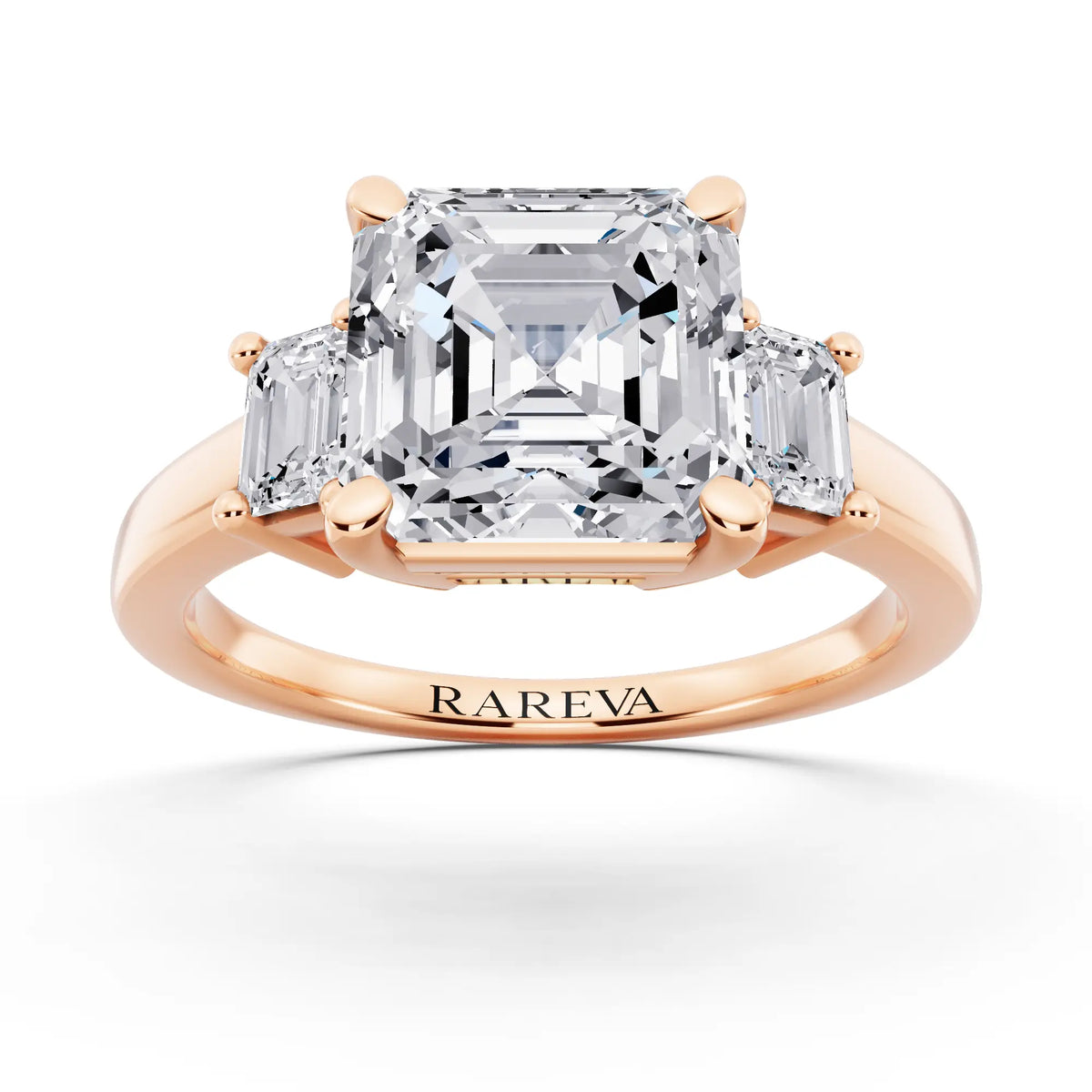 14 KT Rose Gold Asscher Cut Diamond Three Stone Emerald Accent Ring - front view