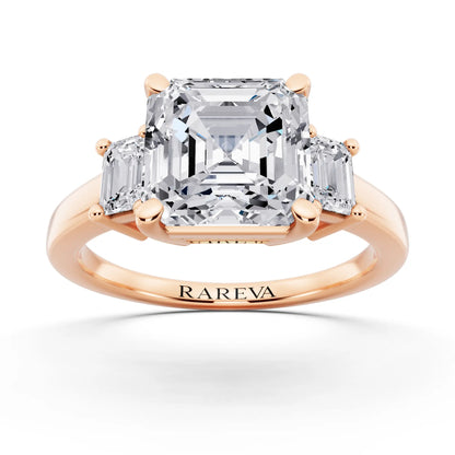 14 KT Rose Gold Asscher Cut Diamond Three Stone Emerald Accent Ring - front view