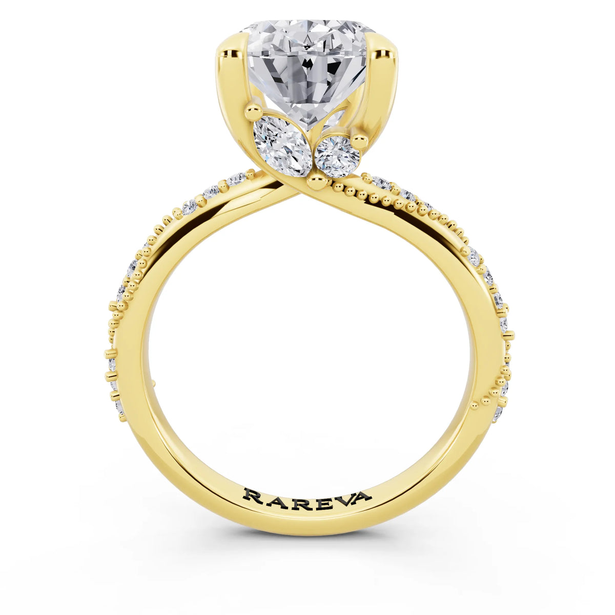18 KT Yellow Gold Oval Cut Diamond Ring with Marquise Accent - through finger