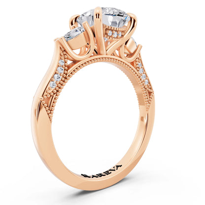 14 KT Rose Gold Oval Cut Diamond Three Stone Pear Accent Vintage Pave Ring - top view