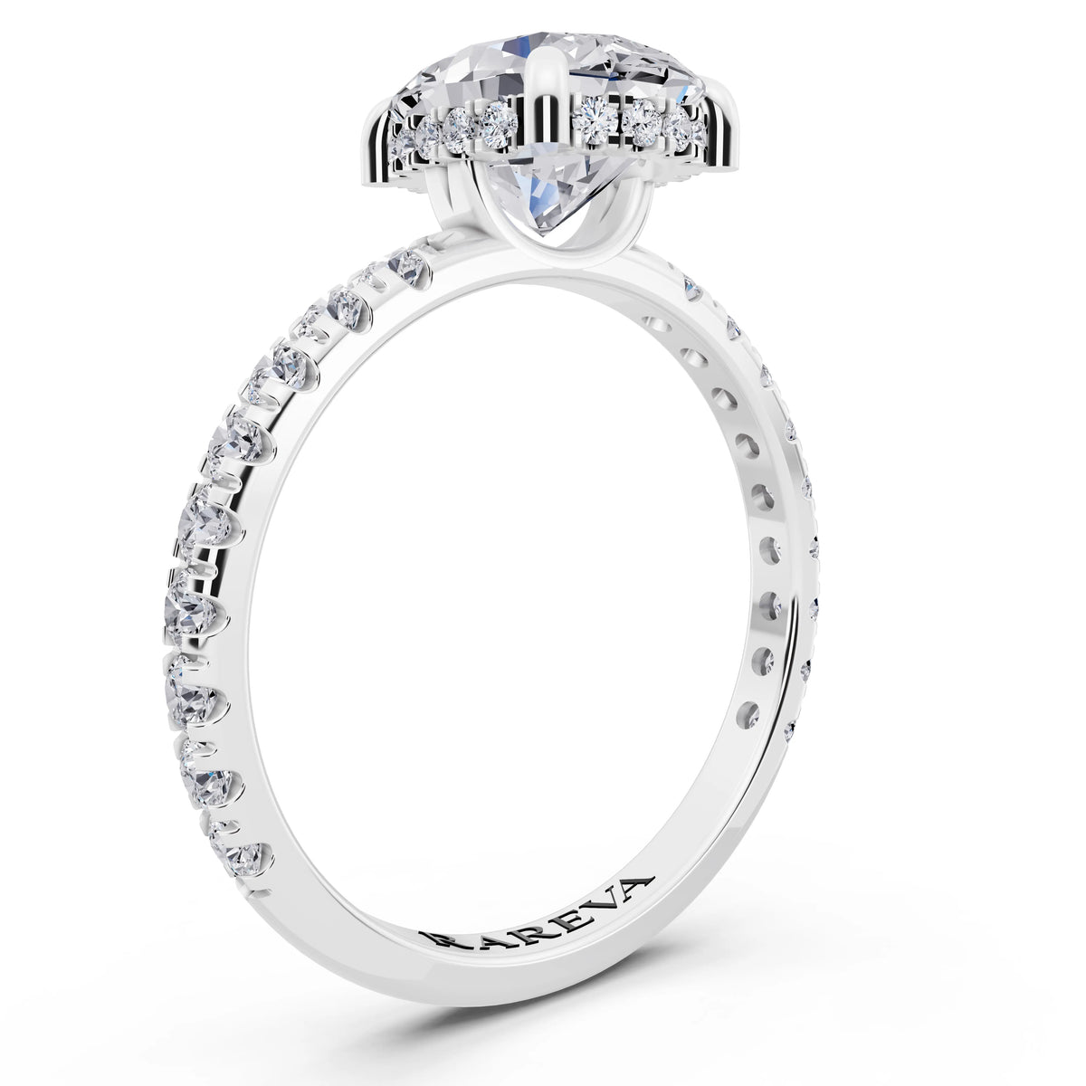 18 KT White Gold Oval Cut Diamond Solitaire Ring with Hidden Halo and French Pave Band - top view