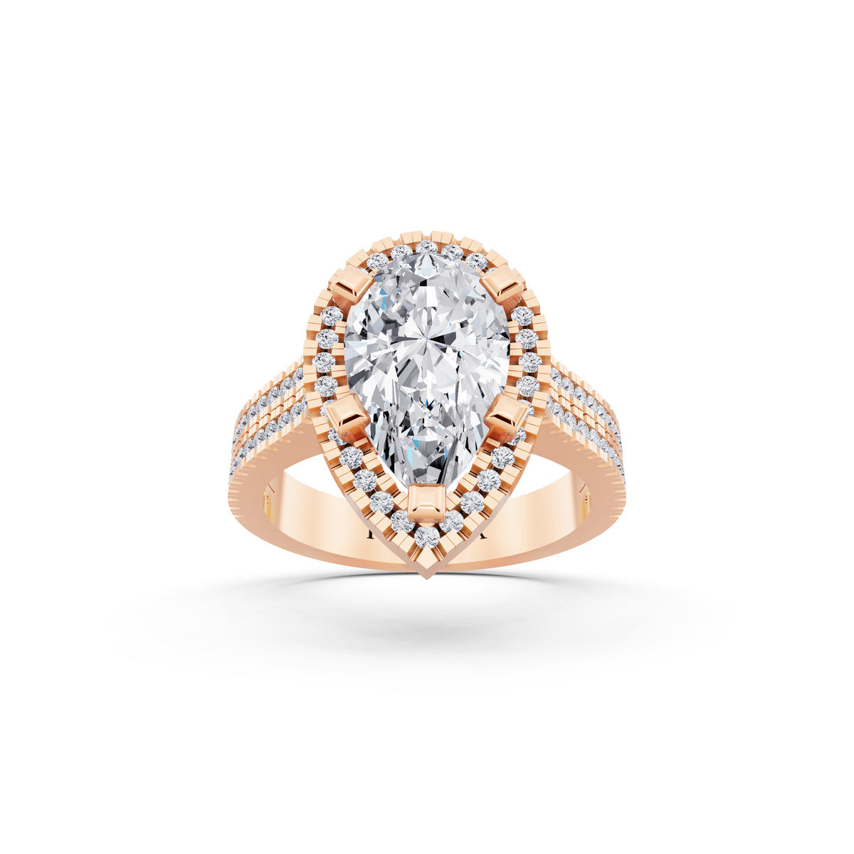 14 KT Rose Gold Pear Cut Diamond Halo Ring with Twin Pave Band - front view