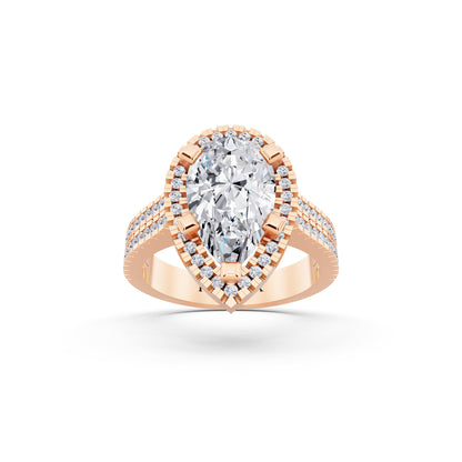 14 KT Rose Gold Pear Cut Diamond Halo Ring with Twin Pave Band - front view
