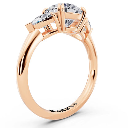 14 KT Rose Gold Round Cut Diamond Three Stone Ring with Trillion Accents - top view