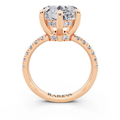 18 KT Rose Gold Heart Cut Diamond Hidden Halo Tiger Prong Pave Band Ring - through finger
