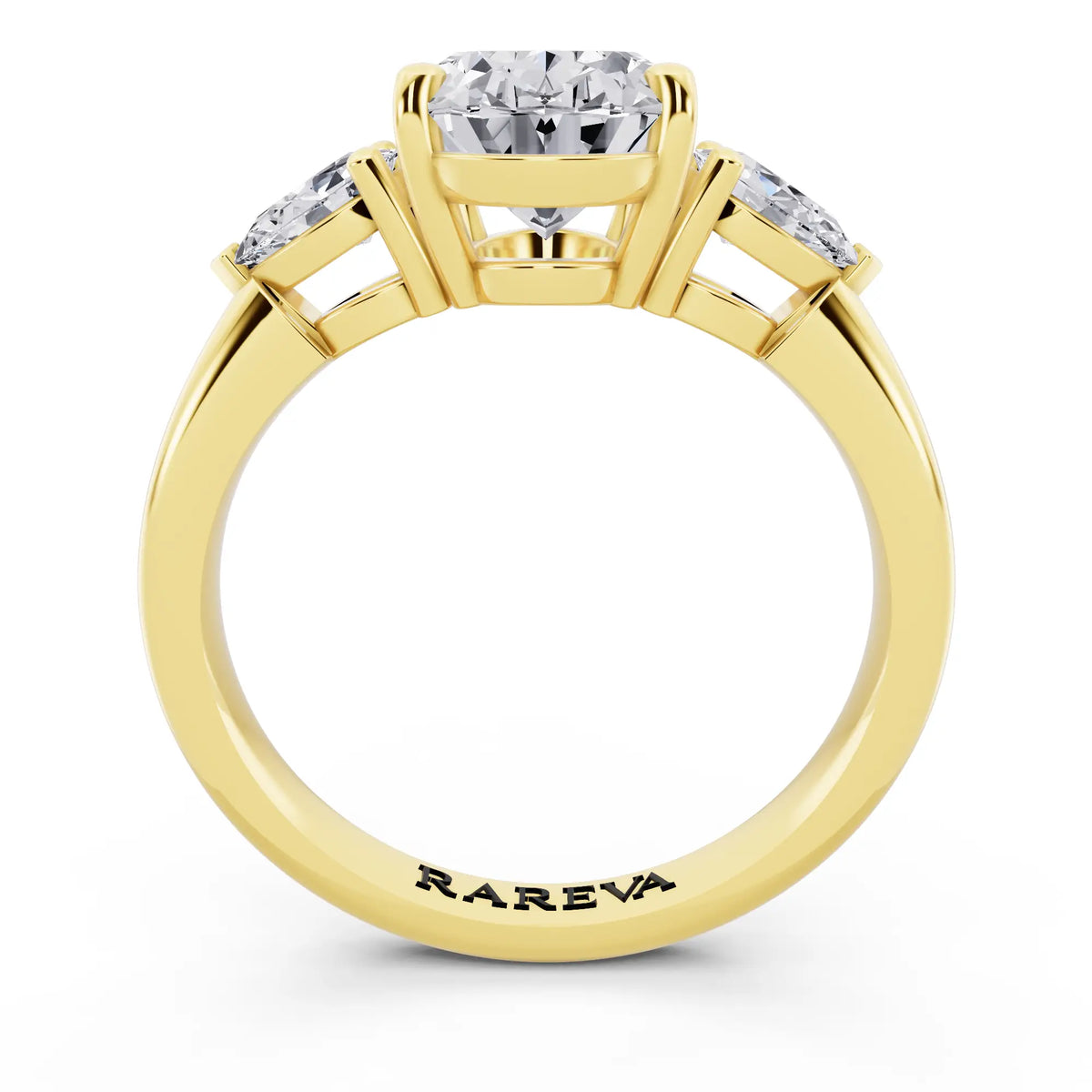 18 KT Yellow Gold Oval Cut Diamond Three Stone Pear Accent Ring - through finger