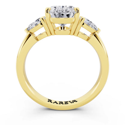 18 KT Yellow Gold Oval Cut Diamond Three Stone Pear Accent Ring - through finger