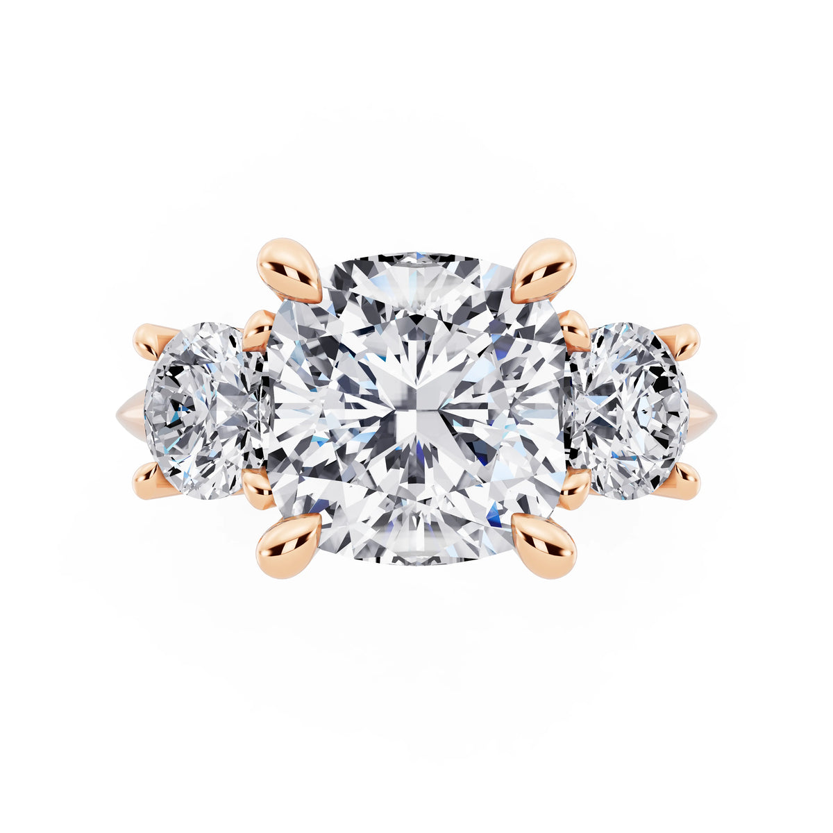 14 KT Rose Gold Cushion Cut Diamond Three Stone Ring with Round Accents - top angle