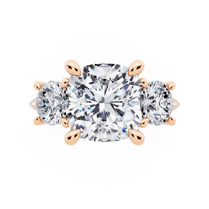 14 KT Rose Gold Cushion Cut Diamond Three Stone Ring with Round Accents - top angle
