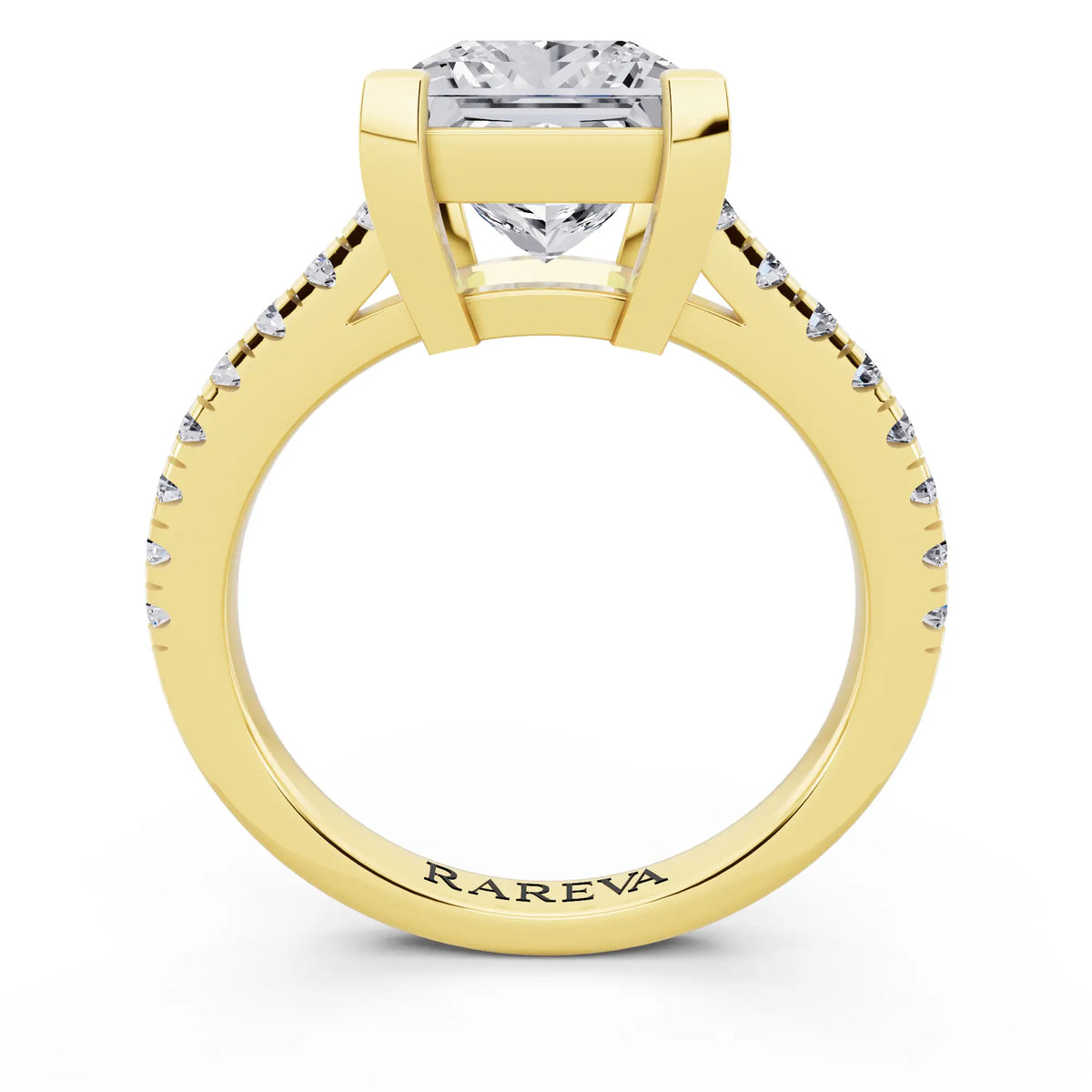 18 KT Yellow Gold Princess Cut Diamond Claw Prong Solitaire Ring with French Pave Band - through finger