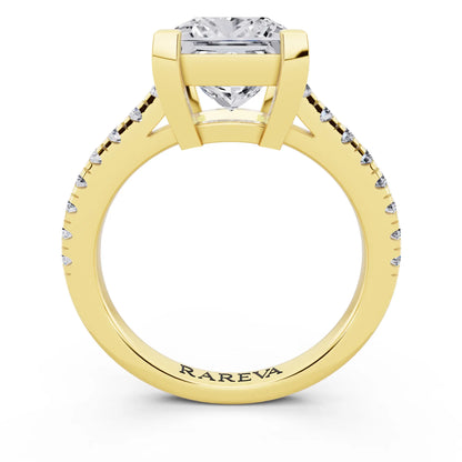18 KT Yellow Gold Princess Cut Diamond Claw Prong Solitaire Ring with French Pave Band - through finger