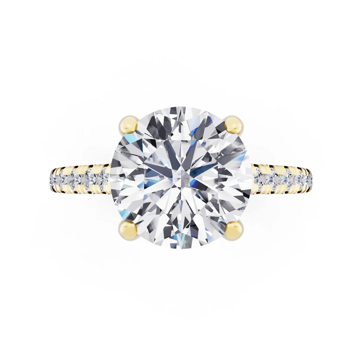 14 KT Yellow Gold Round Cut Diamond Claw Prong Solitaire Ring with French Pave Band - top angle