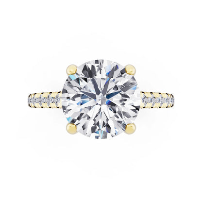 14 KT Yellow Gold Round Cut Diamond Claw Prong Solitaire Ring with French Pave Band - top angle